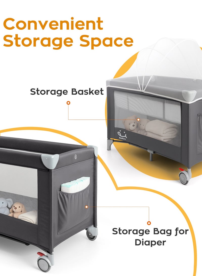 Momore Portable Baby Bed & Travel Cot, Foldable Grey Playpen Playard with Mosquito Net & Carry Bag, 3-in-1 Infant Crib for Travel, Home & Outdoor Use - 125cm (49.2in) x 65cm (25.6in) - Image 3