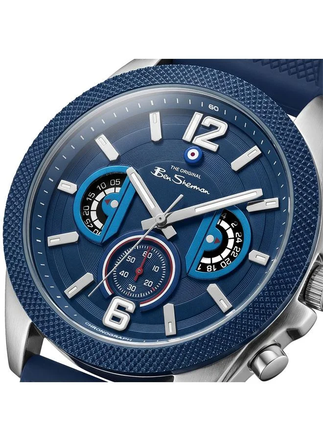 بين شيرمان Sheffield Blue Dial Blue Silicone Strap Chronograph Watch for Men, 44mm