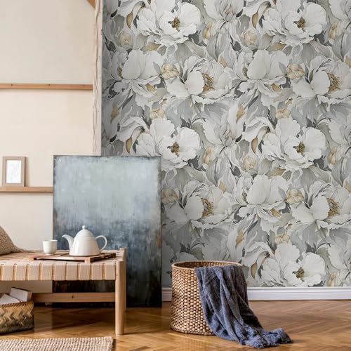 MuralPeel White Poppies Floral Modern Grey Peonies Flowers Peel and Stick Wallpaper Self Adhesive Removable Easy Peel Off Stick on Wall Paper for Bedroom Renter - Image 5