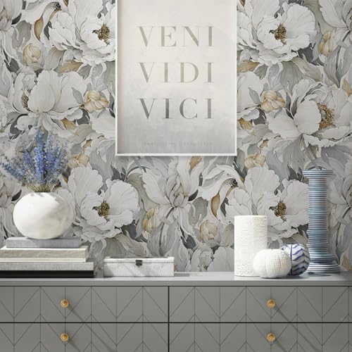 MuralPeel White Poppies Floral Modern Grey Peonies Flowers Peel and Stick Wallpaper Self Adhesive Removable Easy Peel Off Stick on Wall Paper for Bedroom Renter - Image 3