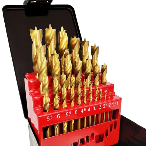 Hymnorq 25-Piece Brad Point Wood Drill Bit Set - Metric 1mm to 13mm (0.5mm Increments) - HSS Titanium Coated Drill Bits in Metal Index Case - for Hardwood, Softwood, Plastic, and DIY Woodworking - Image 1