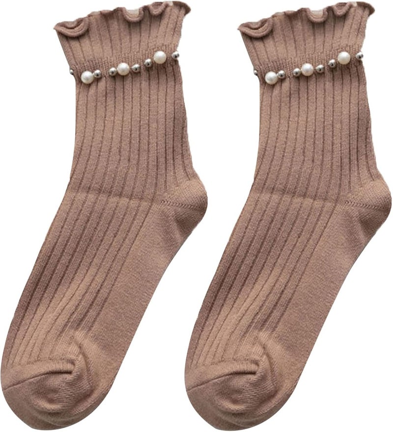 Women Cotton Crew Socks Ribbed Knit Socks with Beaded Solid Color Mid Tube Socks Warm Dress Socks for Girls - Image 1