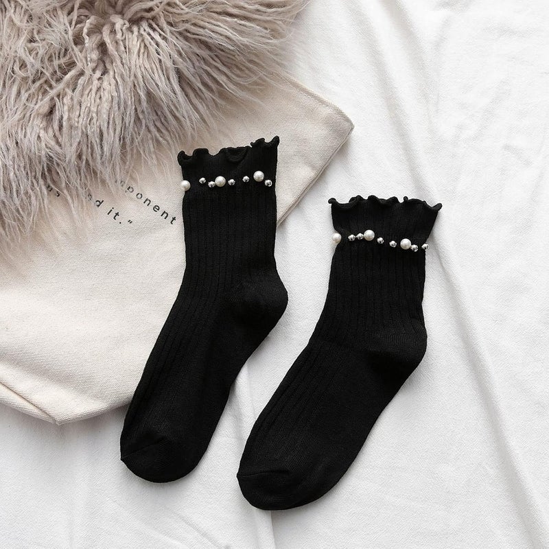 Women Cotton Crew Socks Ribbed Knit Socks with Beaded Solid Color Mid Tube Socks Warm Dress Socks for Girls - Image 5
