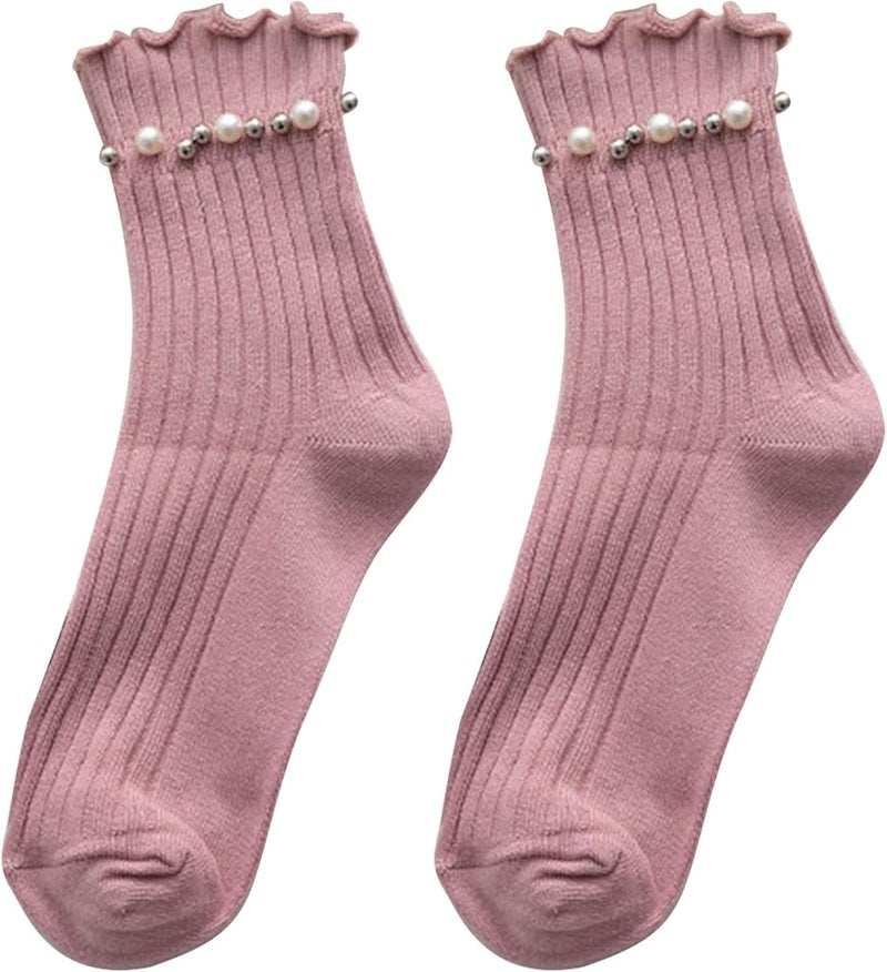 Women Cotton Crew Socks Ribbed Knit Socks with Beaded Solid Color Mid Tube Socks Warm Dress Socks for Girls - Image 3