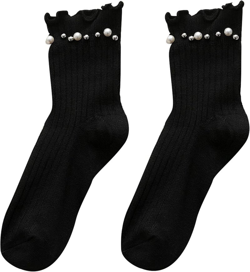 Women Cotton Crew Socks Ribbed Knit Socks with Beaded Solid Color Mid Tube Socks Warm Dress Socks for Girls - Image 4