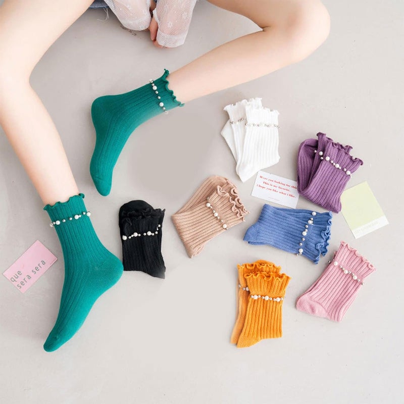 Women Cotton Crew Socks Ribbed Knit Socks with Beaded Solid Color Mid Tube Socks Warm Dress Socks for Girls - Image 2