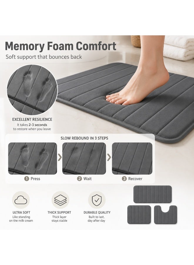 DIOTTI Bathroom Rugs Set, 3pcs Memory Foam Bath Mats, Deep Grey Non Slip Absorbent Shower Rug Set for Tub, Sink and Toilet - Image 5