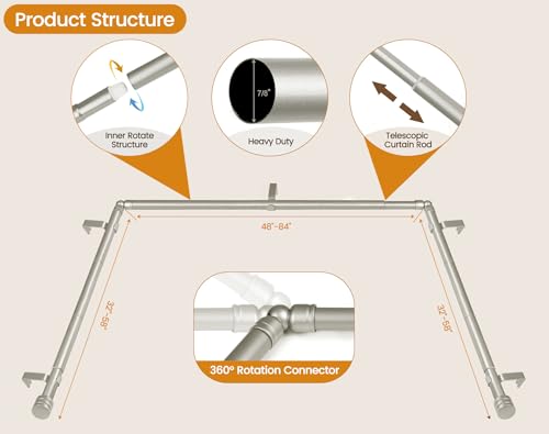 HOTOZON Bay Window Curtain Rods, HOTOZON 7/8 Inch Heavy Duty Curtain Rods for Bay Windows 48-84 Inch(Center Rod), 32-58 Inch Side Rods for Windows, Decorative Drapery Rod with End Cap Finials, Antique Silver - Image 4