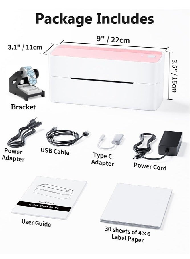 Verci 241-BT Bluetooth Thermal Label Printer, 4X6" Wireless Shipping Label Printer for Small Business, Label Printer for Shipping Packages, Compatible with iPhone, Android With Tag bracket (Pink) - Image 2