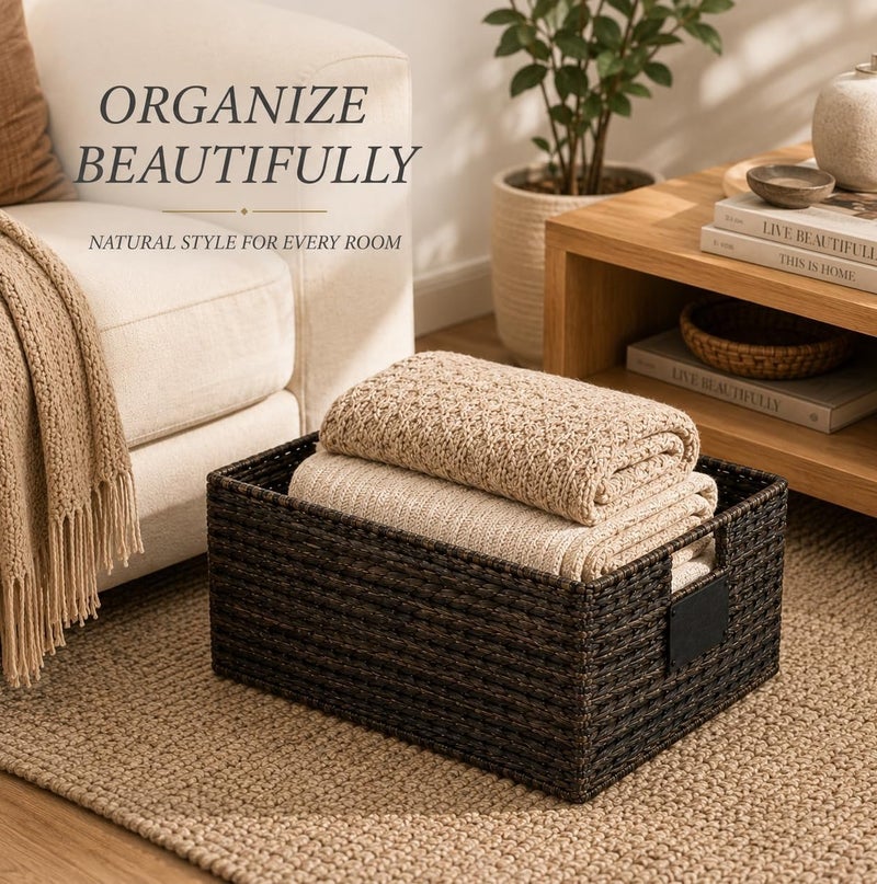 Homesmiths Mocha Water Hyacinth Storage Basket with Handle – Medium, L 40 x B 26 x H 18 cm, Eco-Friendly Woven Seagrass Basket for Home Organization, Bedroom, Living Room, Bathroom & Toy Storage - Image 3