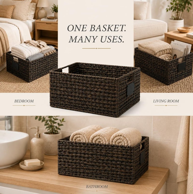 Homesmiths Mocha Water Hyacinth Storage Basket with Handle – Medium, L 40 x B 26 x H 18 cm, Eco-Friendly Woven Seagrass Basket for Home Organization, Bedroom, Living Room, Bathroom & Toy Storage - Image 5