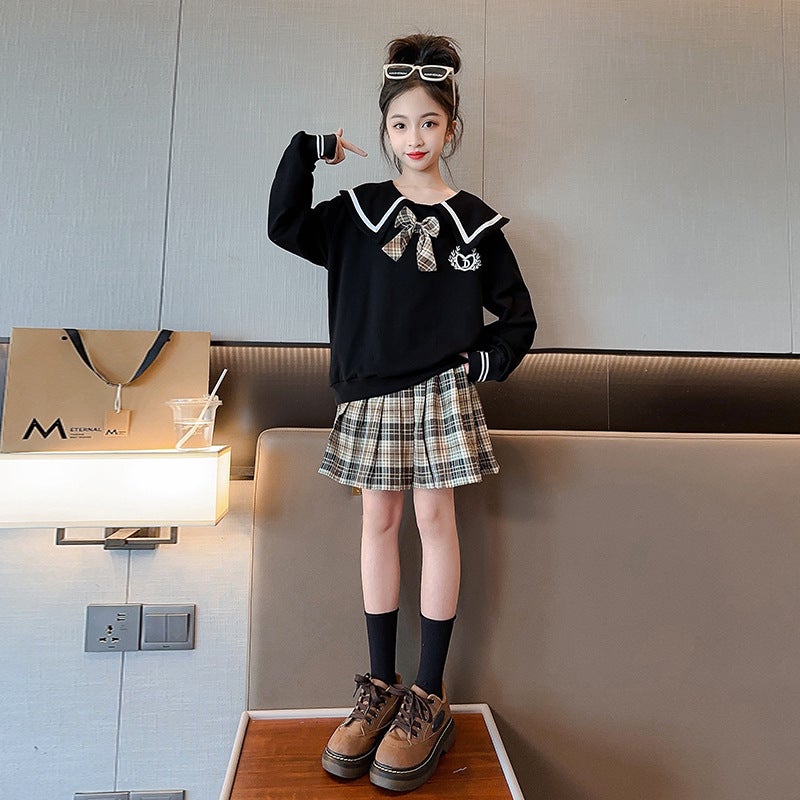 Girls suit Spring and Autumn new medium and large childrens clothing little girl College Style doll collar sweater skirt two-piece suit fashion Apricot - Image 5