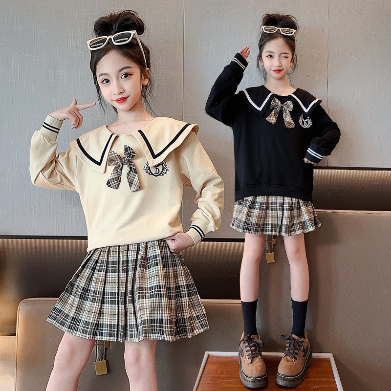 Girls suit Spring and Autumn new medium and large childrens clothing little girl College Style doll collar sweater skirt two-piece suit fashion Apricot - Image 2