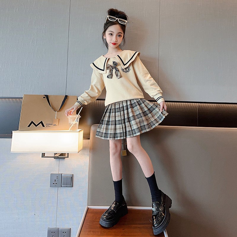 Girls suit Spring and Autumn new medium and large childrens clothing little girl College Style doll collar sweater skirt two-piece suit fashion Apricot - Image 4