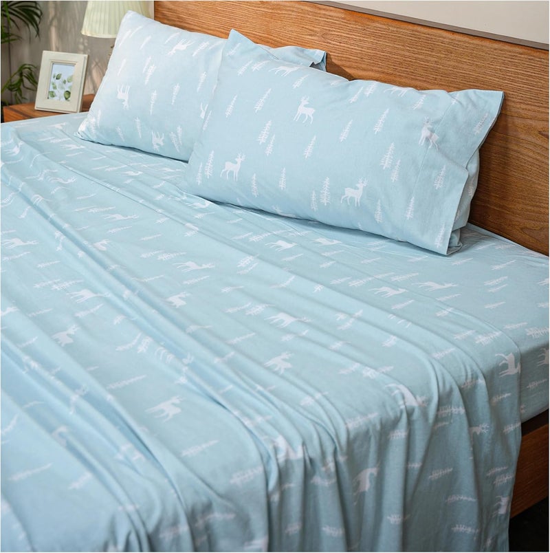 RUVANTI Flannel Sheets Queen Size - GOTS Certified 100% Organic Cotton, 4 Piece Warm, Soft & Breathable Set, Deep Pocket Snug Fit, Double Brushed Cozy All Season Bedding, Blue Pine - Image 1