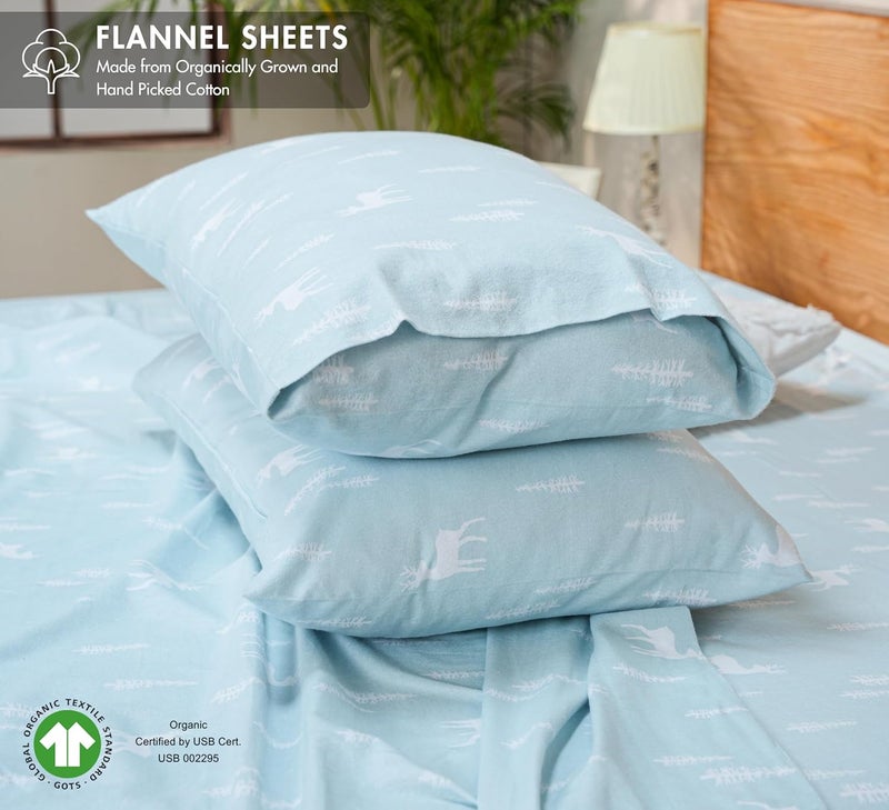 RUVANTI Flannel Sheets Queen Size - GOTS Certified 100% Organic Cotton, 4 Piece Warm, Soft & Breathable Set, Deep Pocket Snug Fit, Double Brushed Cozy All Season Bedding, Blue Pine - Image 2