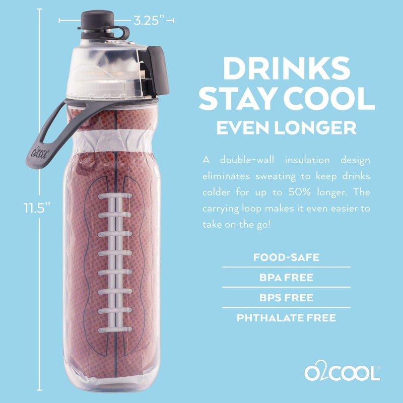 O2COOL Mist 'N Sip Misting Water Bottle No Leak Pull Top Spout Sports Water Bottle 20 oz (Football) - Image 1
