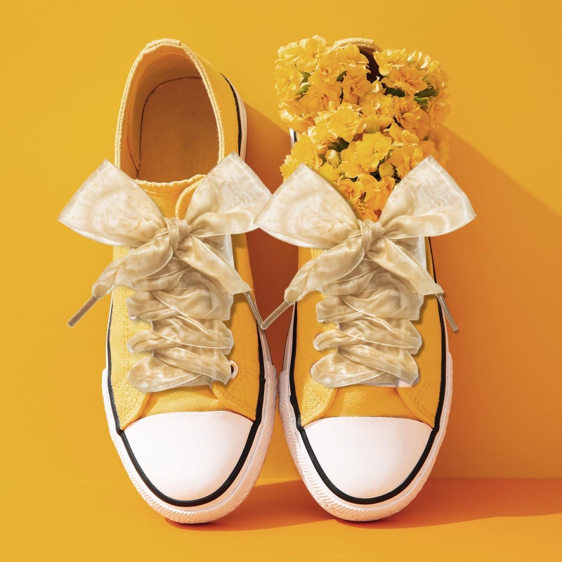 Glavatrix 2 Pairs Shoe Laces for Sneakers, 43in Chiffon Ribbon Laces for Women, Flat Snow Yarn Soft Stain Organza Shoestrings, 1.6in Wide (Gold) - Image 2