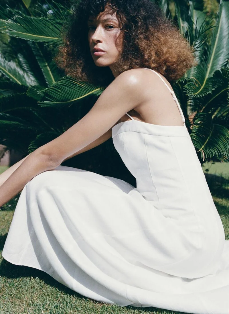 Mango white 100% Linen Dress With Stitching Detail for Women | Best Price UAE