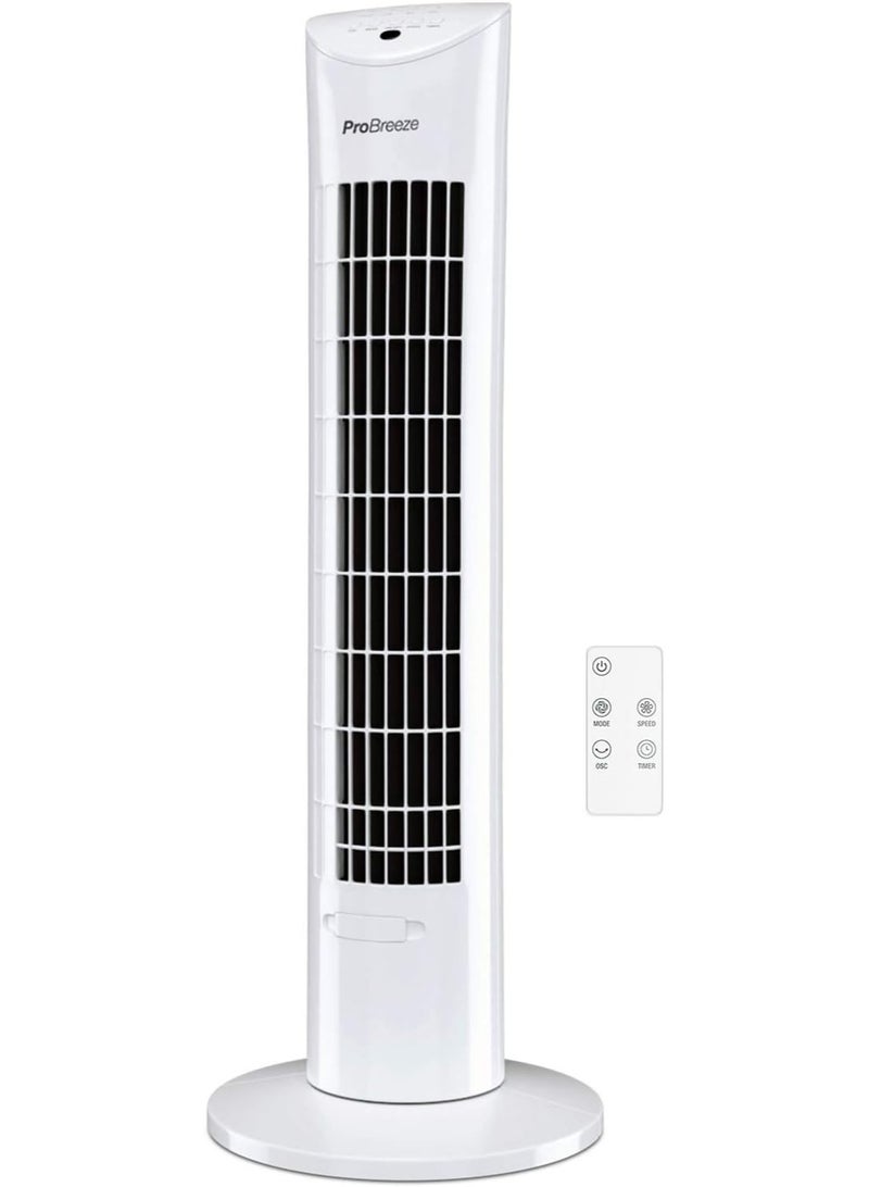 Pro Breeze Oscillating 30 Inch Tower Fan With Ultra Powerful 60W Motor Remote Control 7.5 Hour Timer And 3 Cooling Fan Modes For Home And Office 30" Tower Fan White  - Image 1