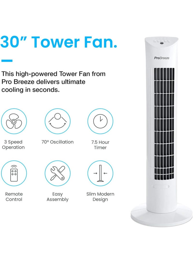 Pro Breeze Oscillating 30 Inch Tower Fan With Ultra Powerful 60W Motor Remote Control 7.5 Hour Timer And 3 Cooling Fan Modes For Home And Office 30" Tower Fan White  - Image 2