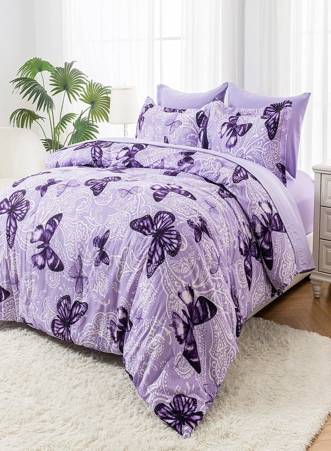 ARTALL Bed in A Bag Twin Size 5 Pieces, Purple Paisley Butterfly Bedding Comforter Set All Season Bed Set with 1 Comforter, 1 Pillow Sham, 1 Flat Sheet, 1 Fitted Sheet, 1 Pillowcase - Image 1