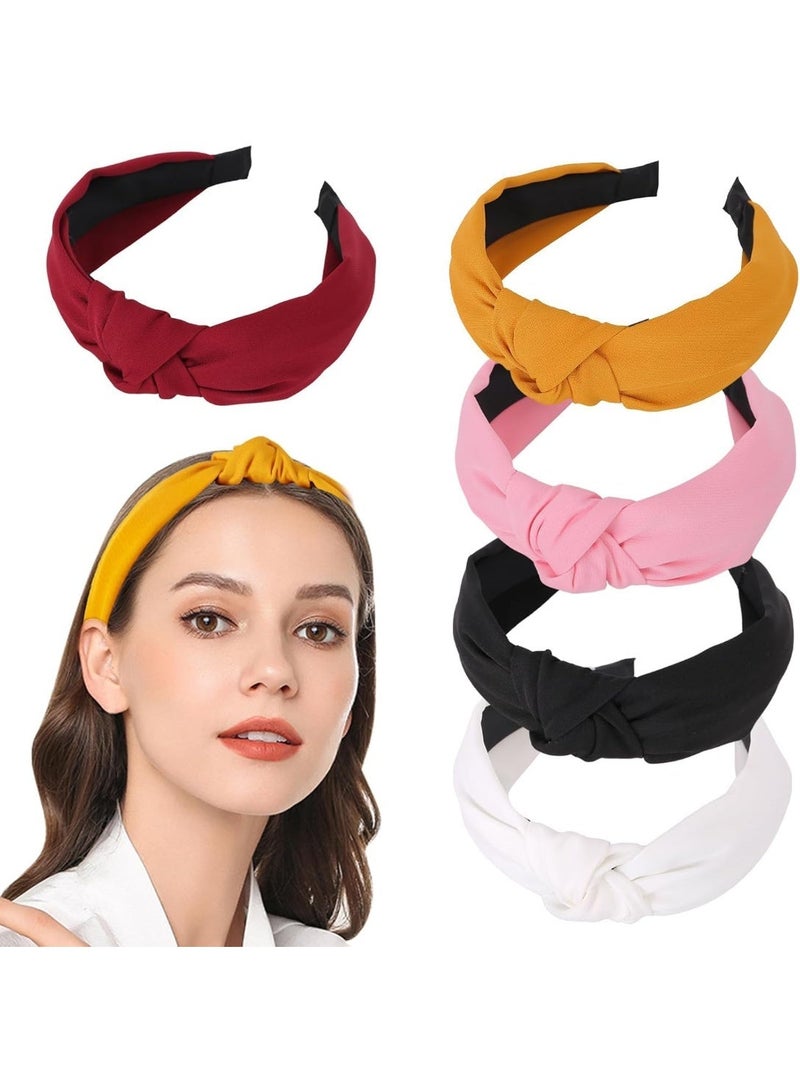 5-Pack Knotted Headbands for Women, Wide Non-Slip Top Knot Hairbands, Fashion Soft Fabric Hair Accessories for Daily Wear, Sports, Yoga, and Parties (Black, White, Yellow, Red, Pink) - Image 1