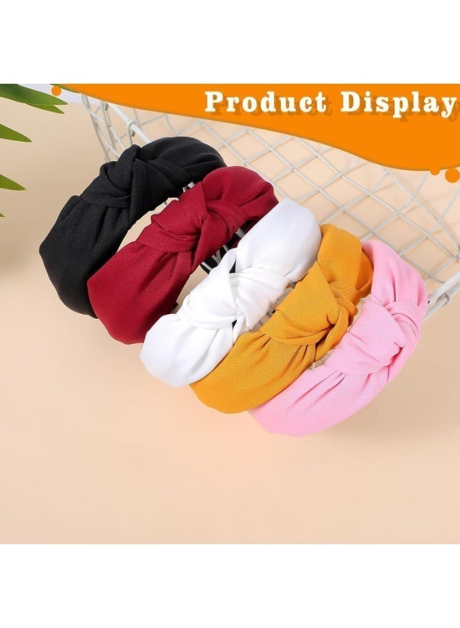 5-Pack Knotted Headbands for Women, Wide Non-Slip Top Knot Hairbands, Fashion Soft Fabric Hair Accessories for Daily Wear, Sports, Yoga, and Parties (Black, White, Yellow, Red, Pink) - Image 5