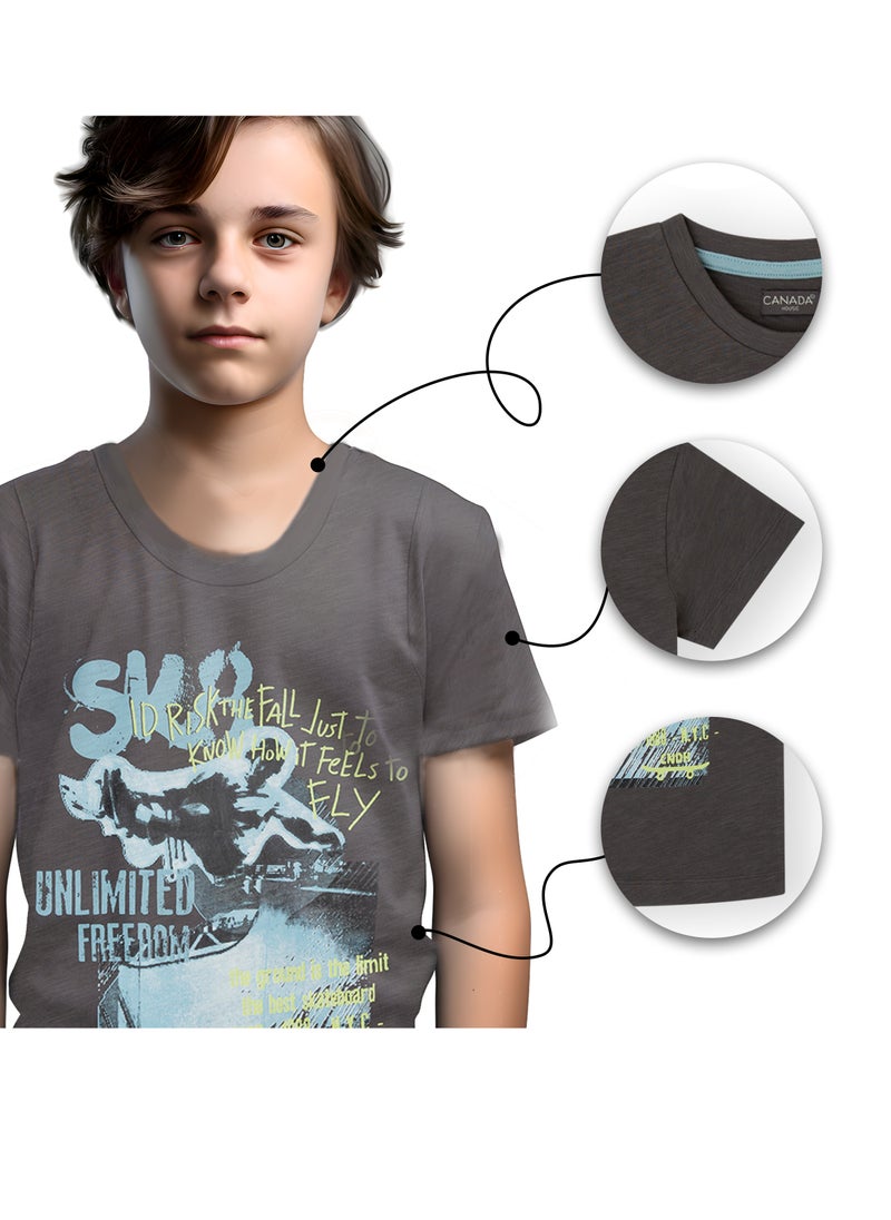 CANADA HOUSE Soft and Comfortable Ash Grey 100% Organic Cotton T-shirt for Boys  - Image 5