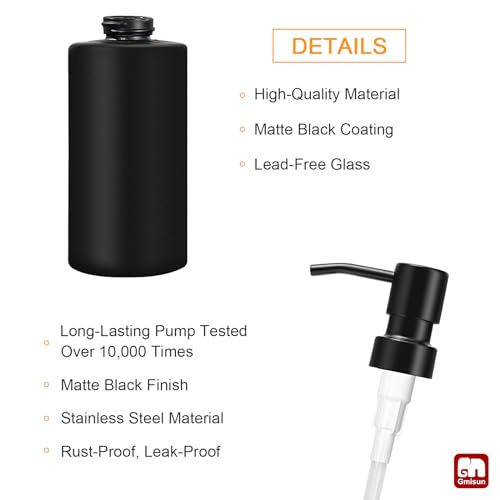 GM GMISUN GMISUN Black Soap Dispenser, Hand Soap Dispenser for Bathroom, Dish Dispenser for Kitchen, 12 fl oz/350ml Glass Soap Bottle with Stainless Steel Pump, Modern Refillable Liquid Lotion Dispenser - Image 3