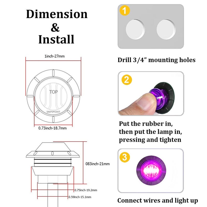 FXC 10x 3/4" Round LED Clearence Light Front Rear Side Marker Indicators Light for Truck Car Bus Trailer Van Caravan Boat, Taillight Brake Stop Lamp (Purple, 12V) - Image 5