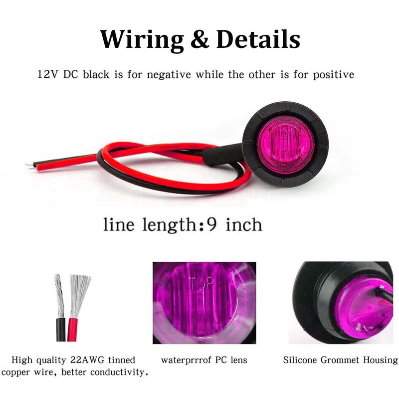 FXC 10x 3/4" Round LED Clearence Light Front Rear Side Marker Indicators Light for Truck Car Bus Trailer Van Caravan Boat, Taillight Brake Stop Lamp (Purple, 12V) - Image 4