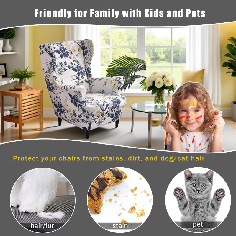 NILUOH Wingback Chair Slipcover, 2-Piece Stretch Wing Chair Cover with Separate Cushion Cover, Elastic Fit Furniture Protector, Washable Slipcover for Wingback Armchairs, Flower Field - Image 4