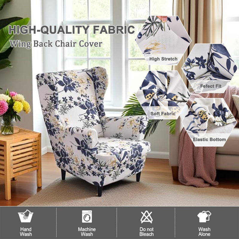 NILUOH Wingback Chair Slipcover, 2-Piece Stretch Wing Chair Cover with Separate Cushion Cover, Elastic Fit Furniture Protector, Washable Slipcover for Wingback Armchairs, Flower Field - Image 2