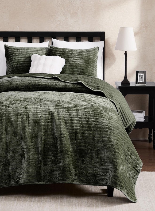WDCOZY Velvet Twin Size Quilt Set - Olive Green Striped Pick Stitch Soft Lightweight Bedspread, Channel Farmhouse Country Rustic Coverlet, Modern Bedding Warm Thin Comforter, 3 Pieces - Image 1