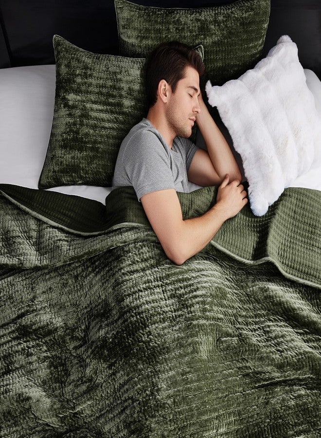 WDCOZY Velvet Twin Size Quilt Set - Olive Green Striped Pick Stitch Soft Lightweight Bedspread, Channel Farmhouse Country Rustic Coverlet, Modern Bedding Warm Thin Comforter, 3 Pieces - Image 3