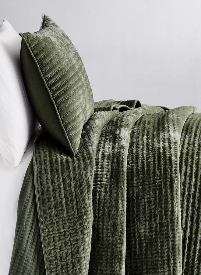 WDCOZY Velvet Twin Size Quilt Set - Olive Green Striped Pick Stitch Soft Lightweight Bedspread, Channel Farmhouse Country Rustic Coverlet, Modern Bedding Warm Thin Comforter, 3 Pieces - Image 5