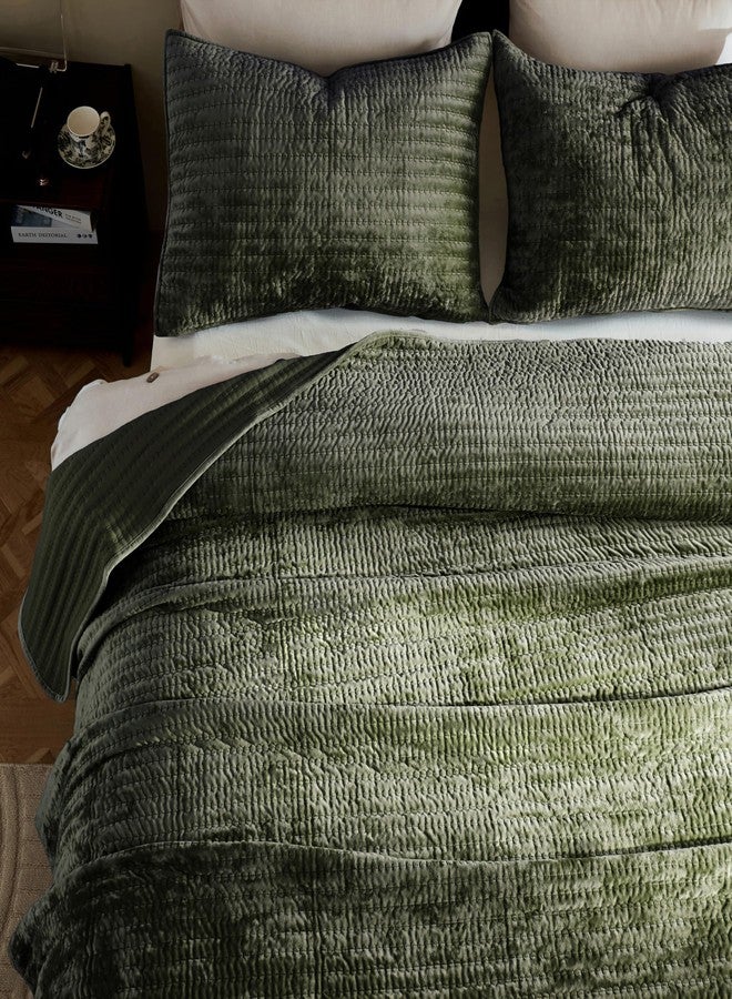 WDCOZY Velvet Twin Size Quilt Set - Olive Green Striped Pick Stitch Soft Lightweight Bedspread, Channel Farmhouse Country Rustic Coverlet, Modern Bedding Warm Thin Comforter, 3 Pieces - Image 2