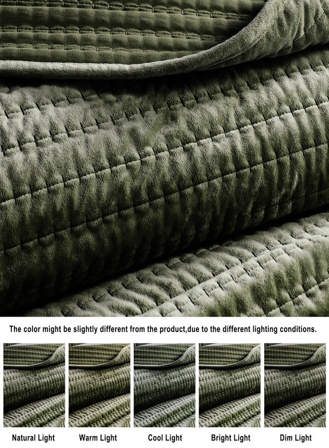 WDCOZY Velvet Twin Size Quilt Set - Olive Green Striped Pick Stitch Soft Lightweight Bedspread, Channel Farmhouse Country Rustic Coverlet, Modern Bedding Warm Thin Comforter, 3 Pieces - Image 4