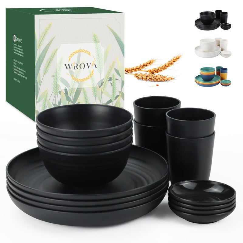 Wrova Wheat straw dinnerware sets of 16-10 inches plates,26oz bowls,2oz dipping bowls,12oz cups - Unbreakable plates and bowls sets microwave safe and dishwasher safe,service for 4. Black - Image 1