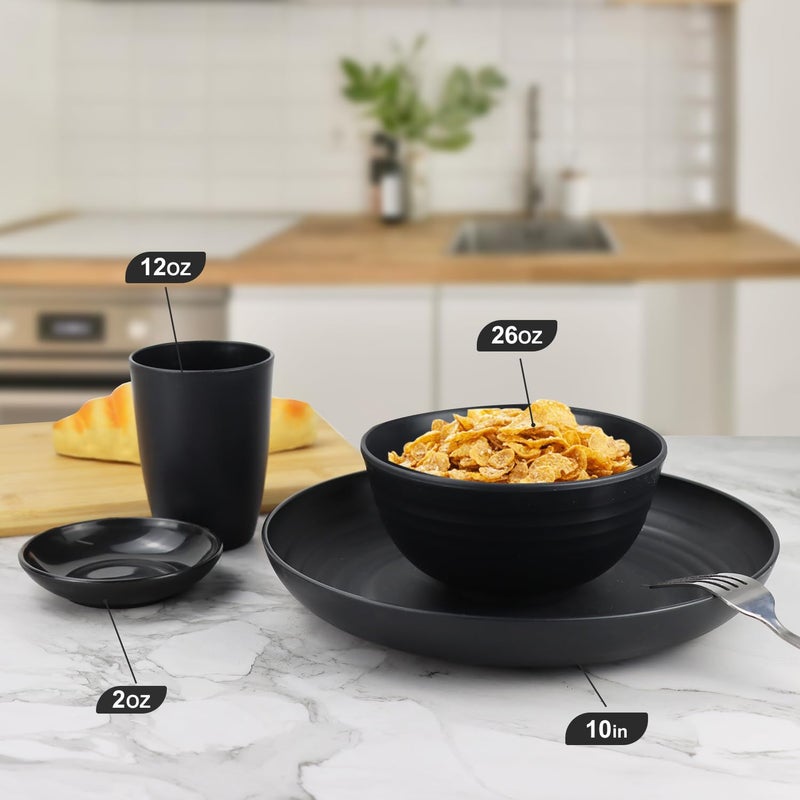 Wrova Wheat straw dinnerware sets of 16-10 inches plates,26oz bowls,2oz dipping bowls,12oz cups - Unbreakable plates and bowls sets microwave safe and dishwasher safe,service for 4. Black - Image 3