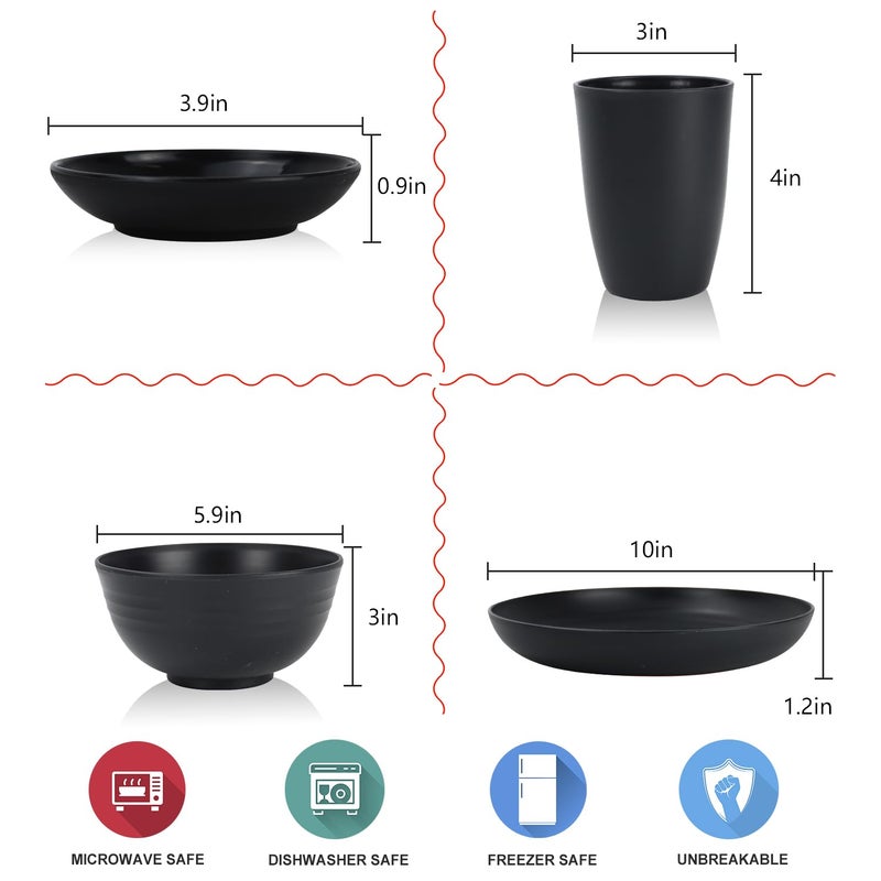 Wrova Wheat straw dinnerware sets of 16-10 inches plates,26oz bowls,2oz dipping bowls,12oz cups - Unbreakable plates and bowls sets microwave safe and dishwasher safe,service for 4. Black - Image 2
