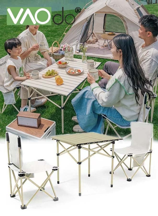 فاو دو طاولة قابلة للطي محمولة للتخييم من قطعة واحدة ومجموعة كراسي قابلة للطي من قطعتين، طاولة حديدية صغيرة بسطح قابل للطي، مكونات معززة ذات قدرة تحمل عالية، قاعدة مانعة للانزلاق، أثاث خفيف الوزن سريع التركيب للاستخدام الداخلي والخارجي للشواء والتجمعات والفناء، طاولة نزهة للتخييم - Image 1
