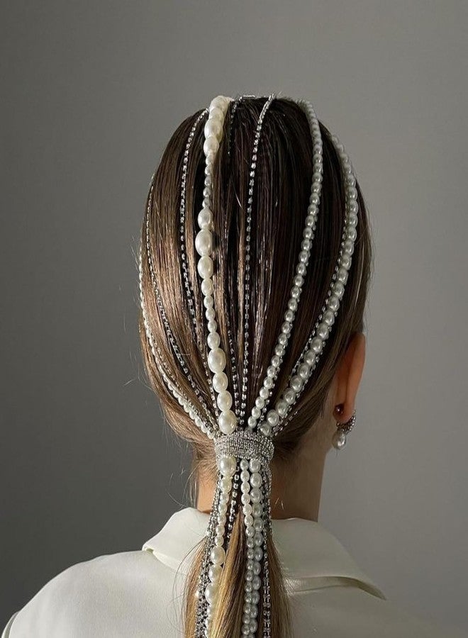 DHANABAPA Pearls Hair Chains, Punk Tassel Hair Clips Hair Extension 17.5 Inch Head Chain Hair Clip Hairpin for Women and Girls Night Club Party Daily Headwear, Hand Made Pearls Chain - 2 pcs. - Image 5