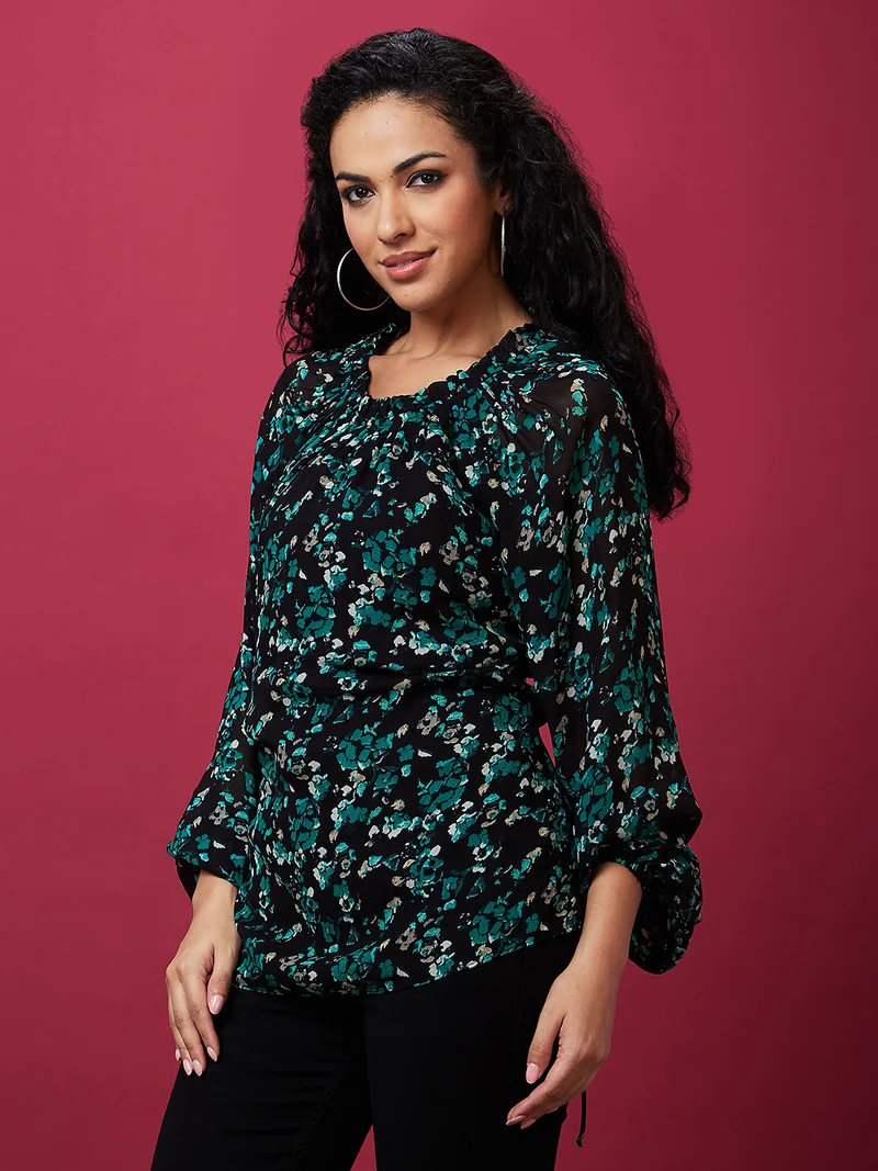 globus Globus Women Black Floral Printed Puff Sleeves Waist Tie-Ups Regular Top