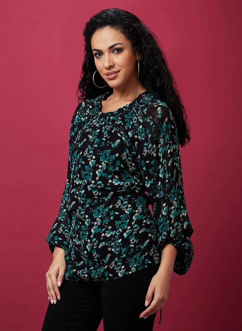 globus Globus Women Black Floral Printed Puff Sleeves Waist Tie-Ups Regular Top