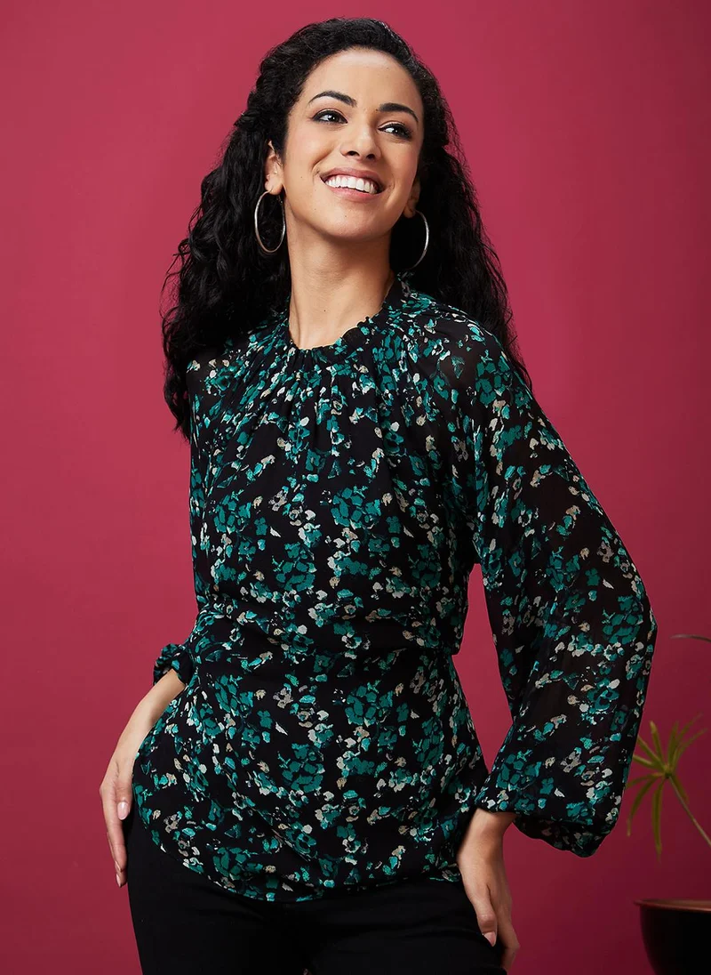 globus Globus Women Black Floral Printed Puff Sleeves Waist Tie-Ups Regular Top