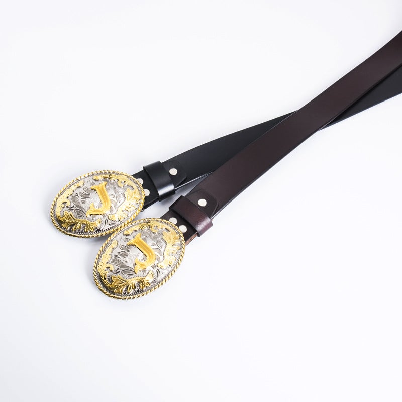 Gold Men's Belt Made of Full-Grain Leather, Stylish Retro F Letter Belt with Buckle, 3.8cm Wide, Cross-Border E-Commerce - Image 3
