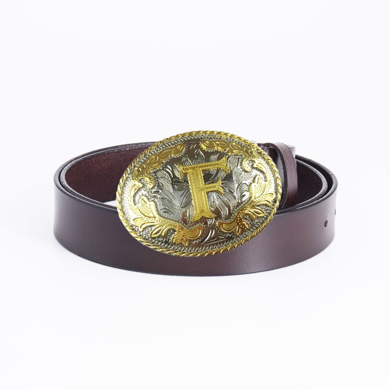 Gold Men's Belt Made of Full-Grain Leather, Stylish Retro F Letter Belt with Buckle, 3.8cm Wide, Cross-Border E-Commerce - Image 1
