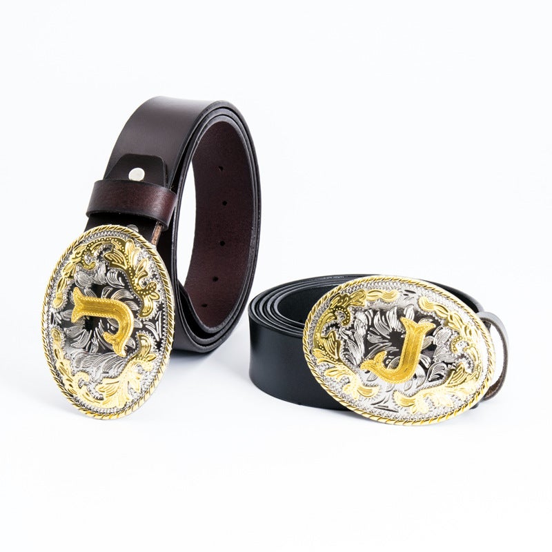 Gold Men's Belt Made of Full-Grain Leather, Stylish Retro F Letter Belt with Buckle, 3.8cm Wide, Cross-Border E-Commerce - Image 5
